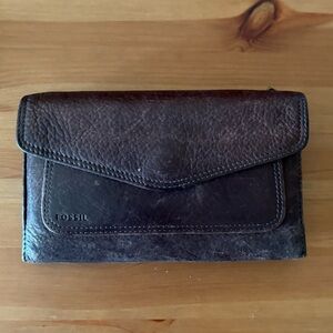 Vintage Fossil Distressed Chocolate Brown Leather Wallet Large